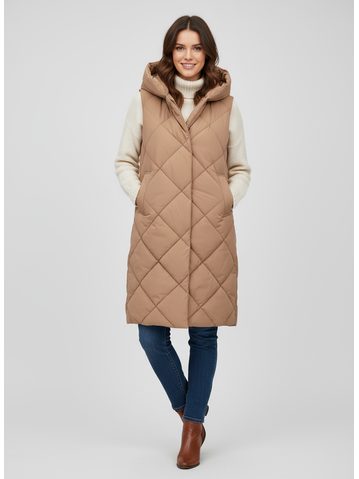 Dámska dlhá prešívaná vesta kamelová