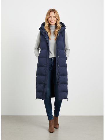 Dámska dlhá prešívaná vesta s kapucňou tmavomodrá