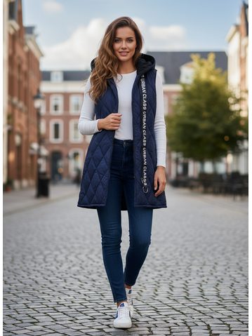 Dámska prešívaná vesta s kapucňou tmavomodrá