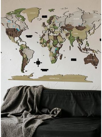 Dřevěná mapa světa Khaki