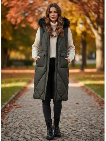 Dámská dlouhá prošívaná vesta s kožešinou tmavě zelená