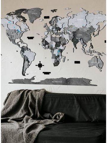 Dřevěná mapa světa Šedá