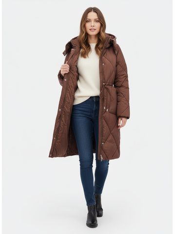 Dámska dlhá prešívaná bunda s kapucňou hnedá
