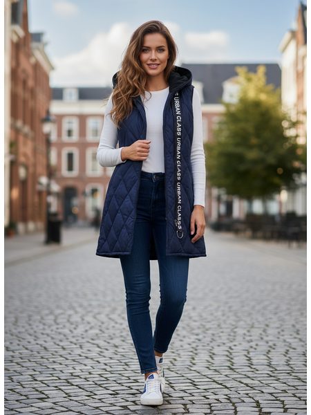 Dámska prešívaná vesta s kapucňou tmavomodrá