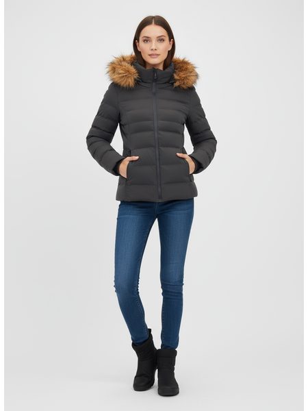 Dámska prešívaná bunda s kožušinou tmavozelená