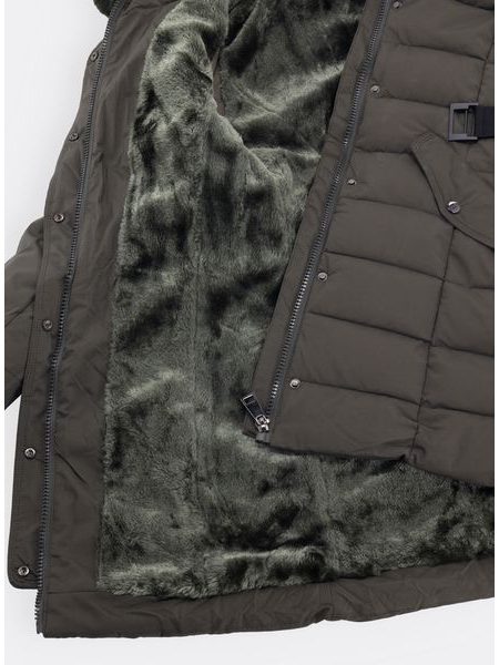 Dámska prešívaná zimná bunda s opaskom tmavozelená