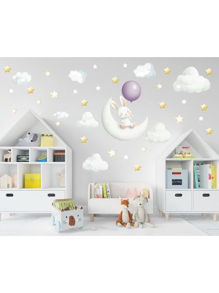 Zajačik s balónikom sediaci na mesiačiku