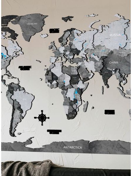Dřevěná mapa světa Šedá