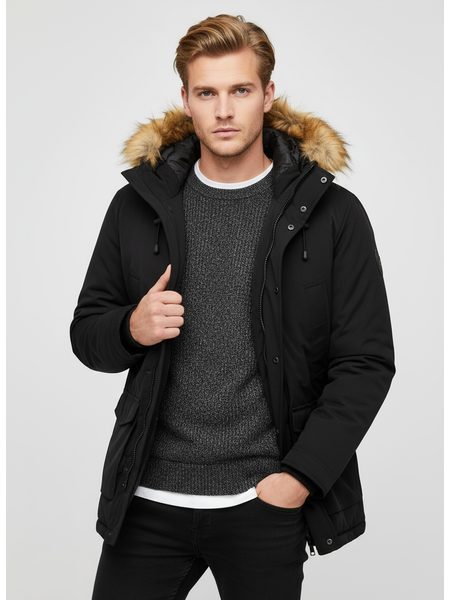 Pánska zimná bunda s kožušinou čierna