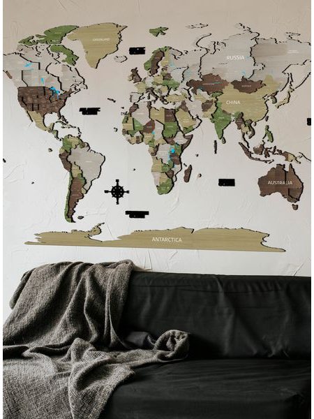 Dřevěná mapa světa Khaki