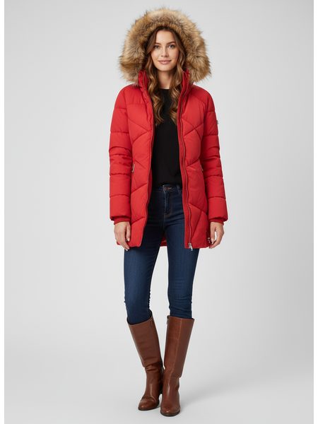 Dámska prešívaná zimná bunda s kapucňou vínová
