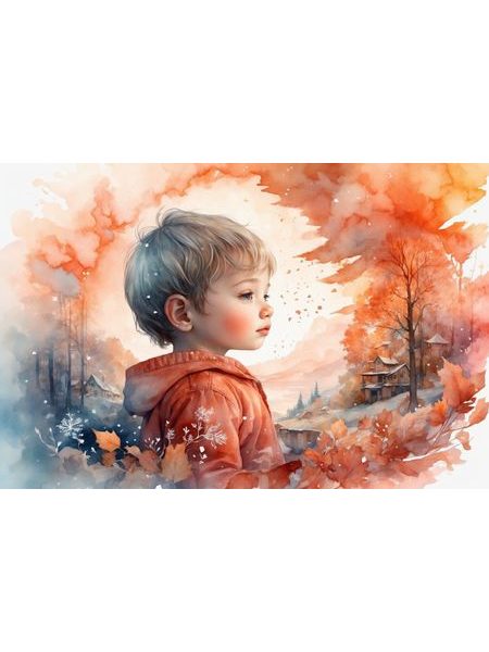 Chlapec v zázračnej krajine akvarel