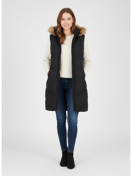 Dámská zimní vesta s kapucí a kožešinou černá