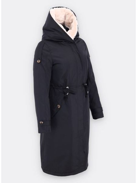 Dámska zimná bunda čierna s bielou kožušinou