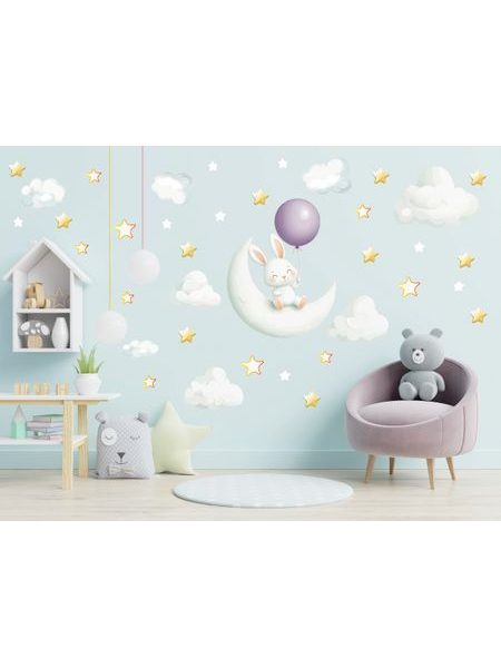 Zajačik s balónikom sediaci na mesiačiku