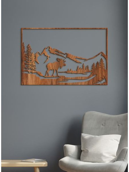 Dřevěný obraz Horská krajina s losem