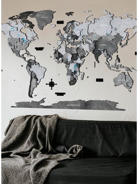 Dřevěná mapa světa Šedá