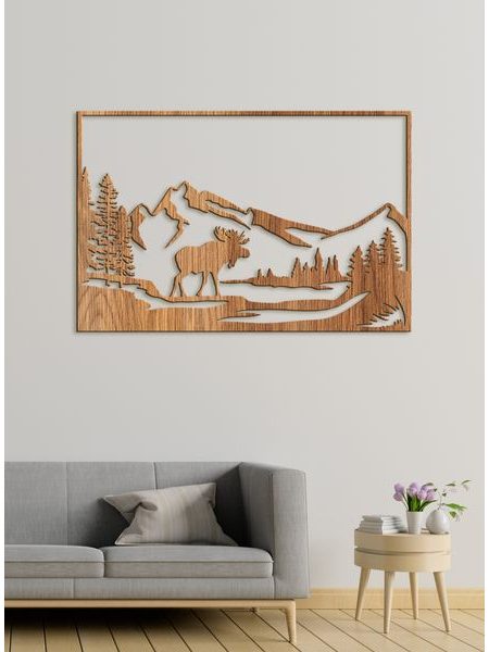 Dřevěný obraz Horská krajina s losem