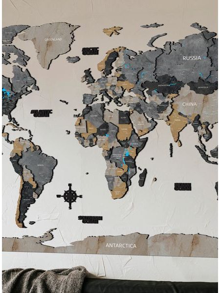 Drevená 3D mapa sveta s efektom kameňa