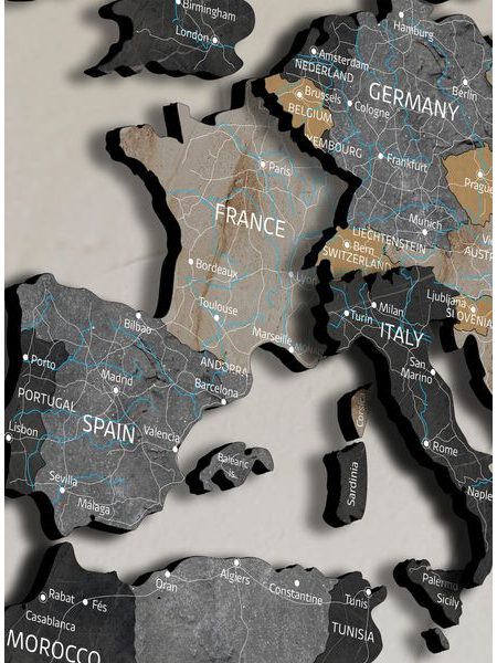 Drevená 3D mapa sveta s efektom kameňa