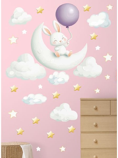 Zajačik s balónikom sediaci na mesiačiku