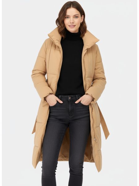 Dámská zimní bunda s páskem světle hnědá