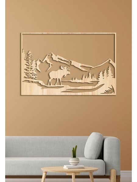 Dřevěný obraz Horská krajina s losem