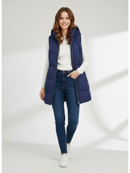Dámska prešívaná vesta s kapucňou tmavomodrá