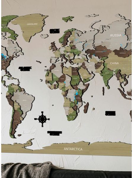 Dřevěná mapa světa Khaki