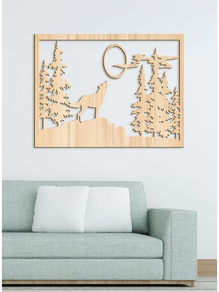 Dřevěný obrázek na stěně vlk