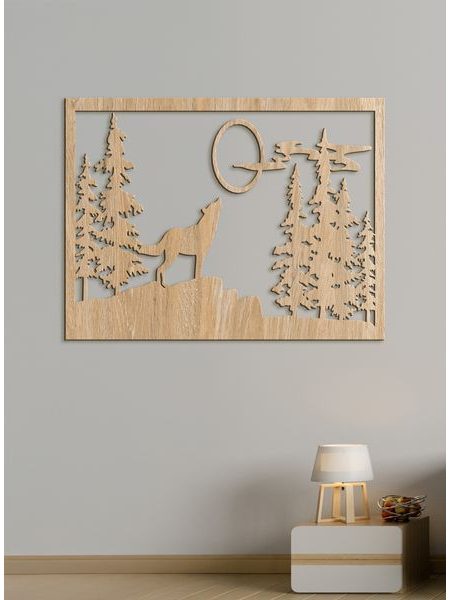 Dřevěný obrázek na stěně vlk