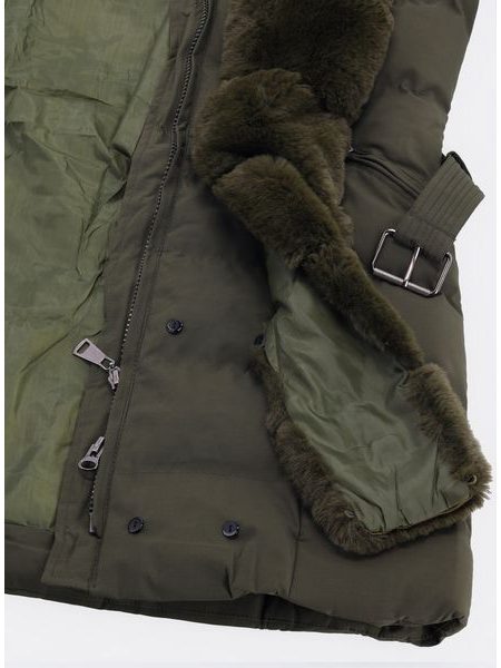 Dámská zimní bunda s kožešinou a páskem tmavě zelená