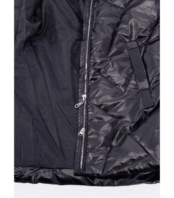 Dámska lesklá prešívaná bunda s kapucňou čierna