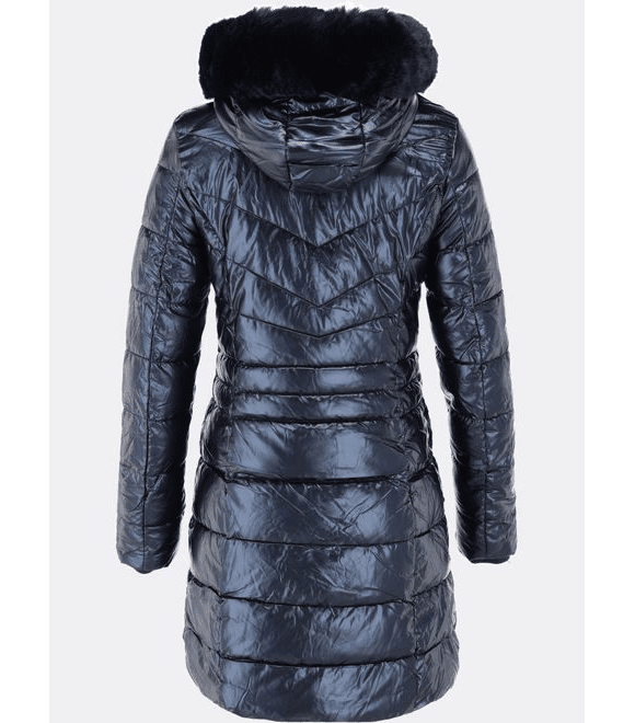 Dámská lesklá zimní bunda s kapucí tmavě modrá