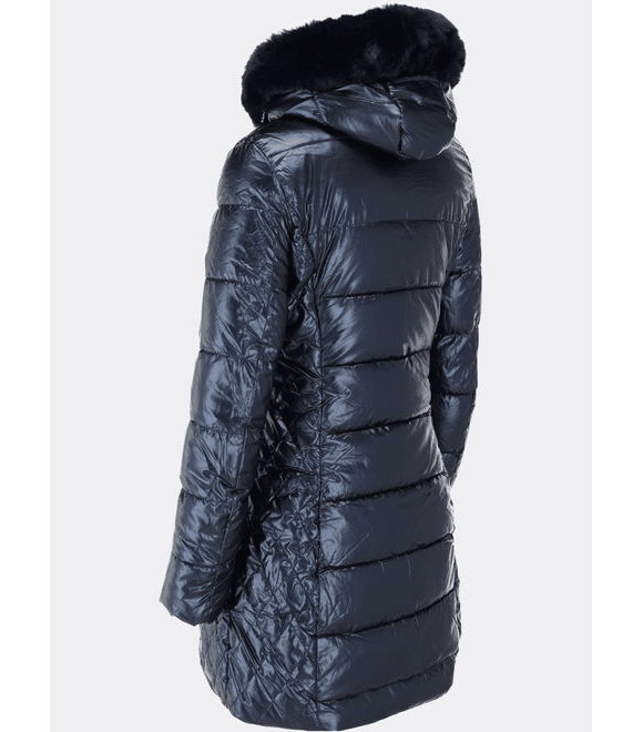 Dámska lesklá prešívaná zimná bunda tmavomodrá