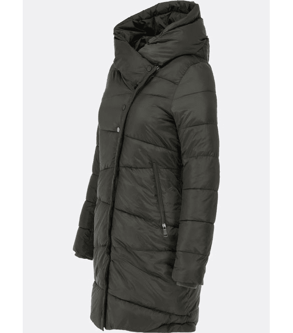 Dámska prešívaná zimná bunda s asymetrickým zapínaním tmavozelená