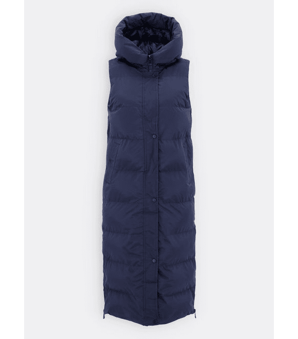 Dámská dlouhá prošívaná vesta s kapucí tmavě modrá