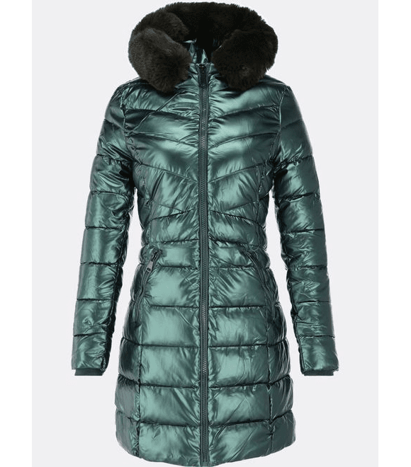 Dámská lesklá zimní bunda s kapucí zelená