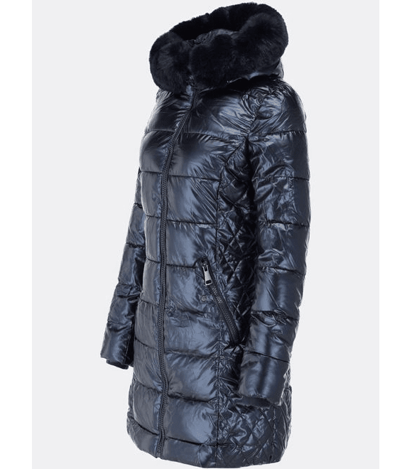 Dámska lesklá prešívaná zimná bunda tmavomodrá