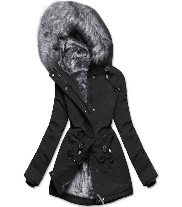 Zimná bunda s plyšom a kožušinou čierna