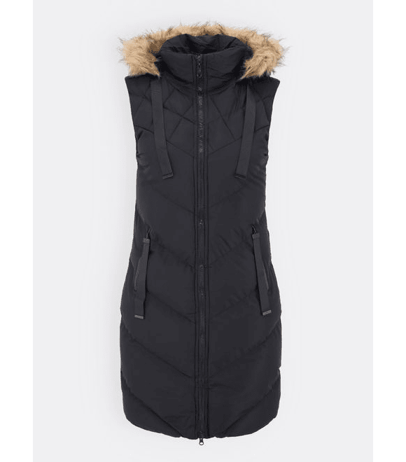 Dámska zimná vesta s kapucňou a kožušinou čierna