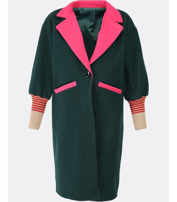 Stylový dámský kabát tmavě zeleno-růžový