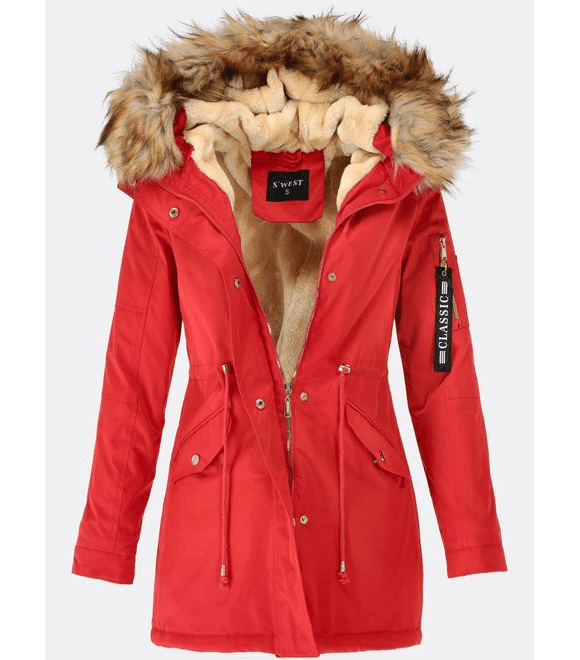 Dámska zimná bunda s kapucňou červená