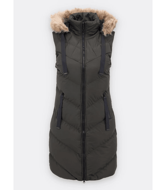 Dámska zimná vesta s kapucňou a kožušinou tmavozelená