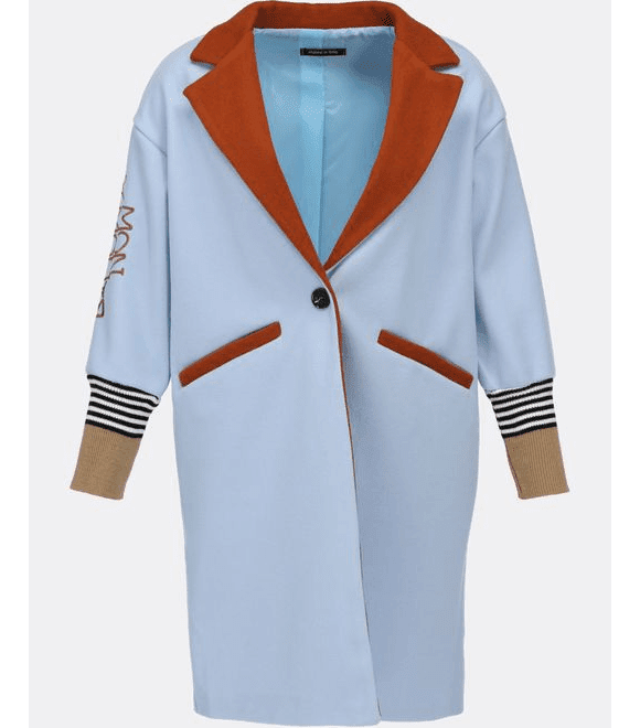Štýlový dámsky kabát s výšivkou svetlomodro-tehlový