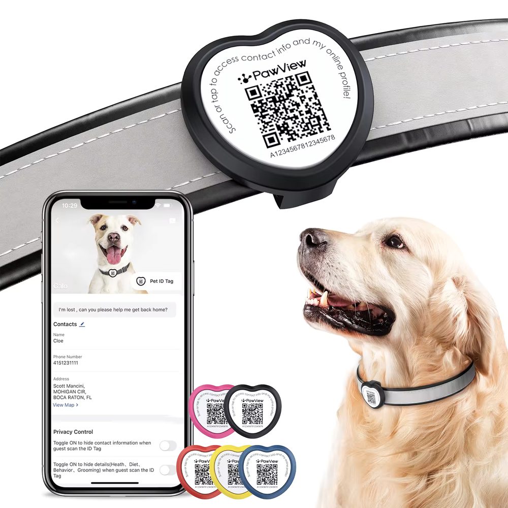 PawView chytrá známka pro psy a kočky srdce - černá