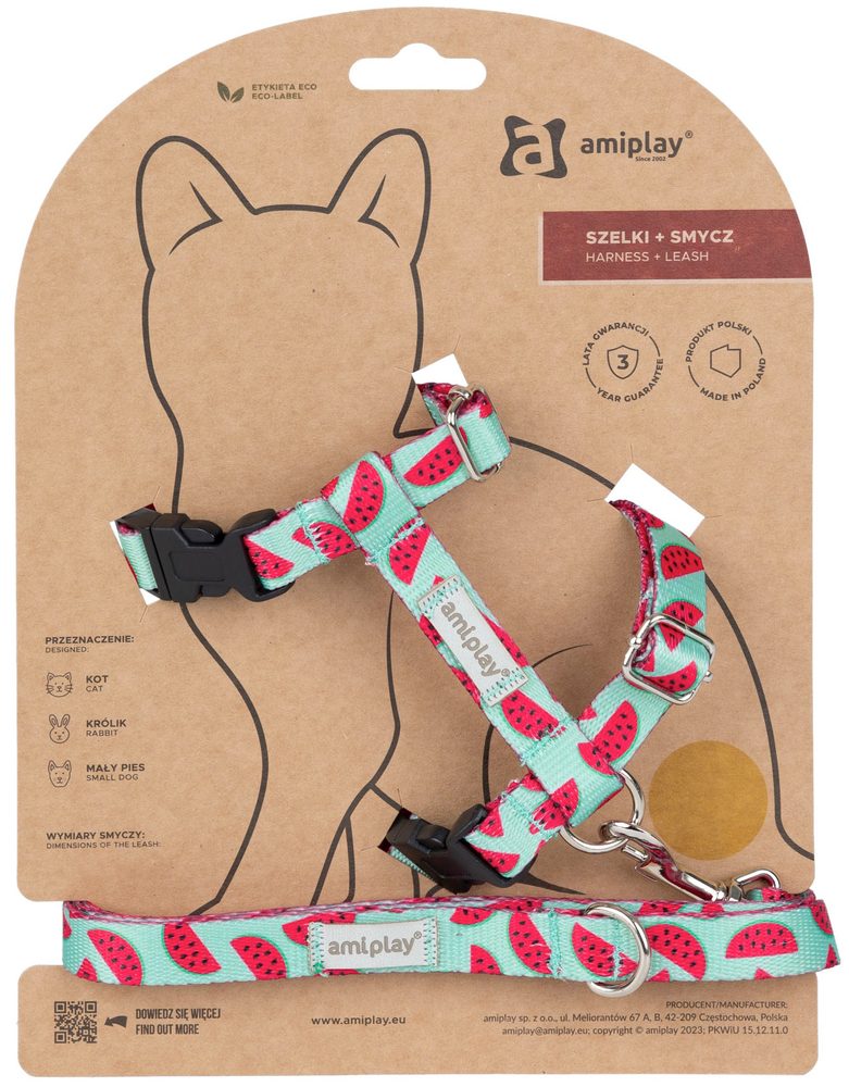 Amiplay Kšíry pro kočku s vodítkem BeHappyCat Watermelon - M
