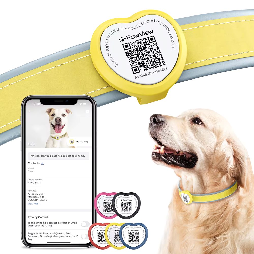 PawView chytrá známka pro psy a kočky srdce - žlutá