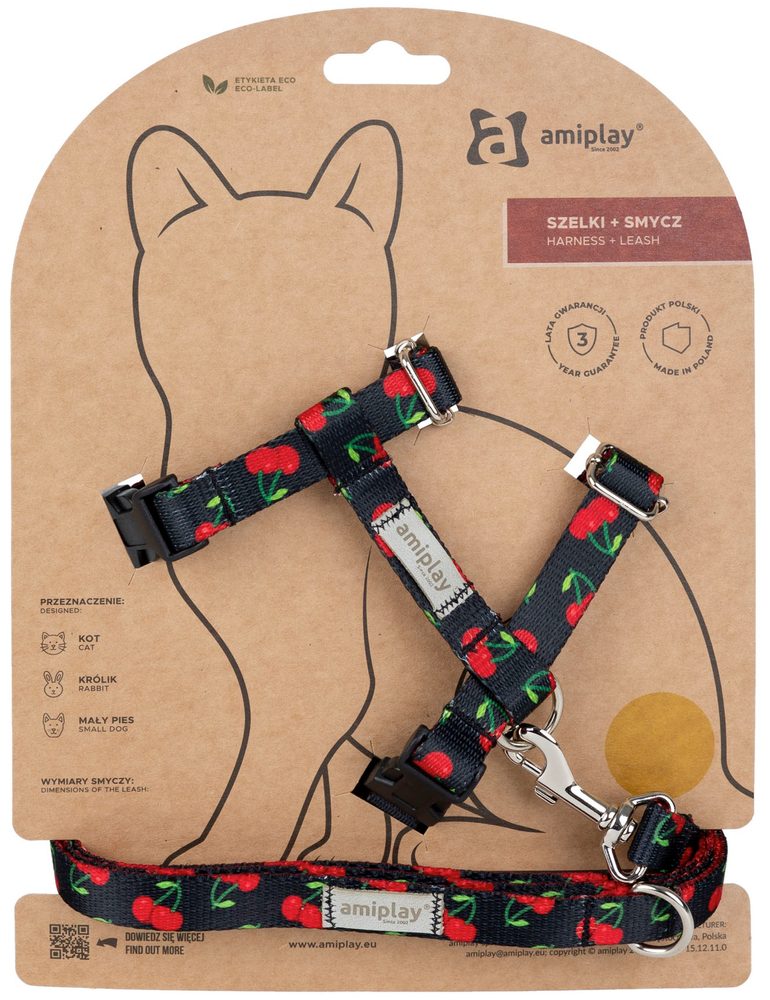 Amiplay Kšíry pro kočku s vodítkem BeHappyCat Cherry - M