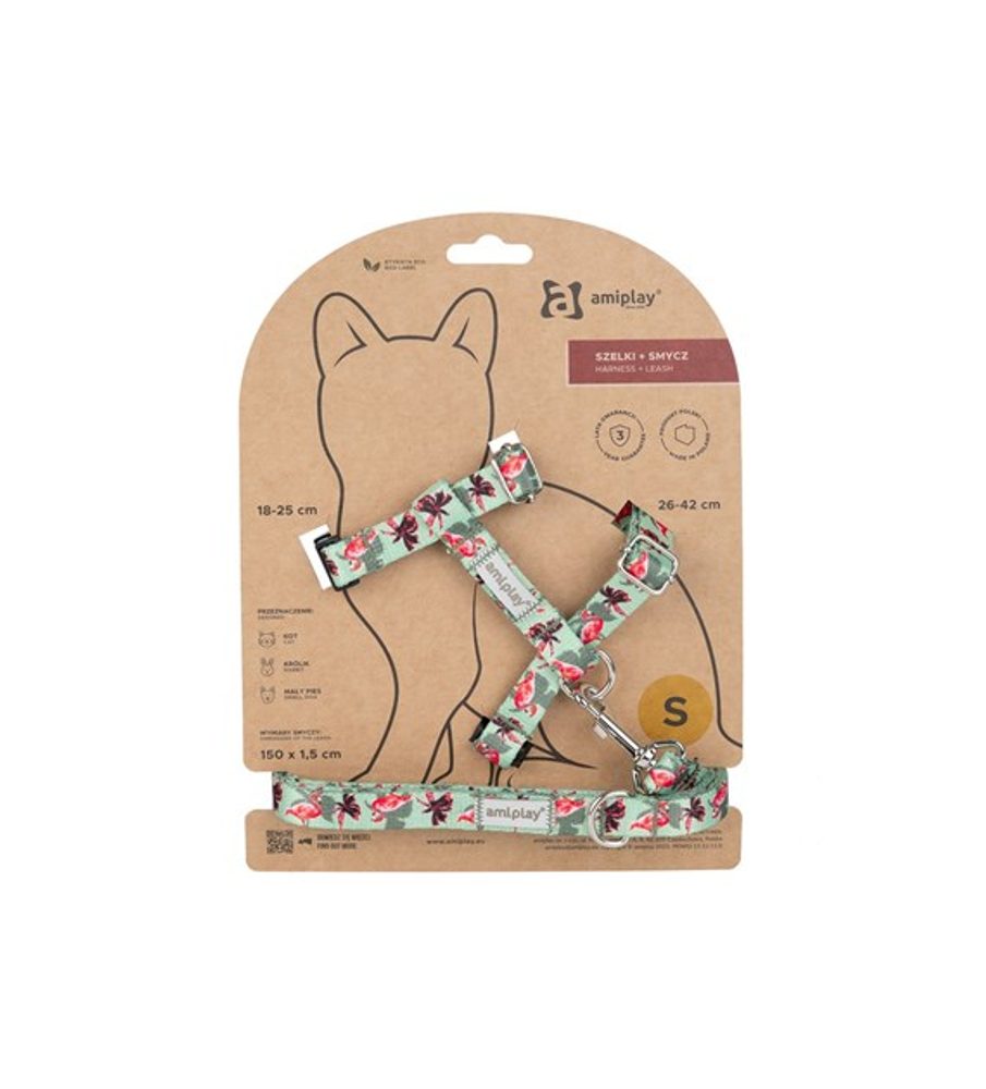 Amiplay Kšíry pro kočku s vodítkem BeHappyCat Flamingo - M